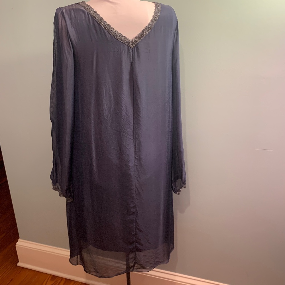 M Made in Italy blue silk blend Womens S lined v-neck sheer dress lace trim